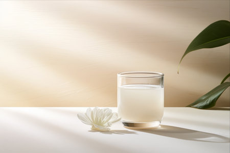 Revitalize and Hydrate: Marine Collagen Elixir in a White Jar Balanced with a Glass of Refreshing Water on a Serene Beige Backgroundの素材