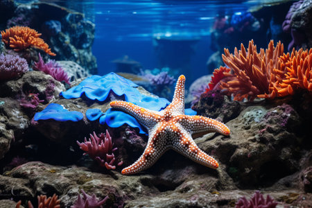 Majestic Beauty: A Blue Starfish Colored Amongst Vibrant Coralsの素材