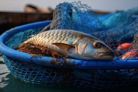 Preserving the Ocean's Bounty: Safely Capturing and Containing Freshly Caught Fish with a Blue Netの素材
