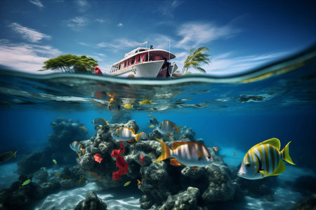 Underwater Adventures: Snorkelers Spot Colorful Parrot Fish Amidst Tranquil Waters on a Boatの素材