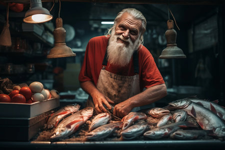 The Finest Catch: A Fishmonger Selling Fish in a 3:2 Displayの素材