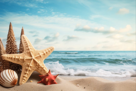 Joyful Holidays: A Playful Starfish and Festive Christmas Decorations Adorn the AI -ar 3:2 Beachの素材