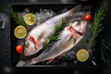 Captivating Flat lay: Seabass Delight with Ice, Rosemary, and Lime on a Rustic Backgroundの素材