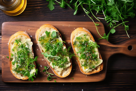 Savory Anchovy Butter Sandwiches and Rocket Salad Delight: A Rustic Gourmet Delight on a Wooden Canvasの素材