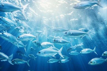 Vibrant Underwater Scene: A School of Young Small Fish Swimming in the Oceanの素材