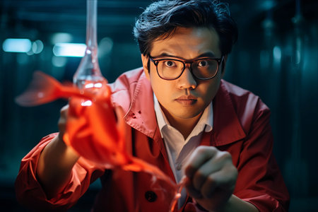 Immersed in Research: An Asian Scientist Observes Siamese Fighting Fish in a Red Liquid, Documenting Results with Precisionの素材