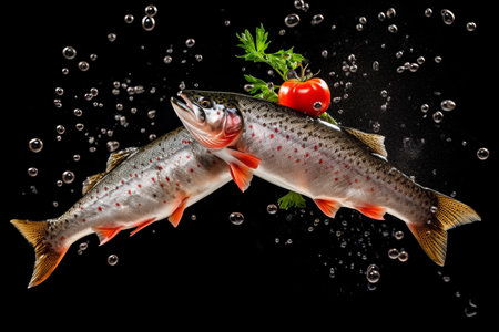 Wholesome Flying Spectacle: Trout Fishes with Vegetables and Spices Ready for Nutritious Cookingの素材