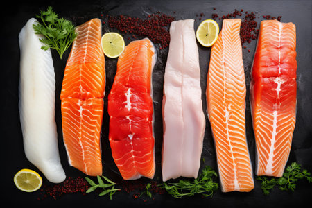 A Colorful Compilation of Fresh Fillet Fish Delights: From White Fish Pangasius to Salmon Red Fish, Trout Steak, Ice, and Spicesの素材