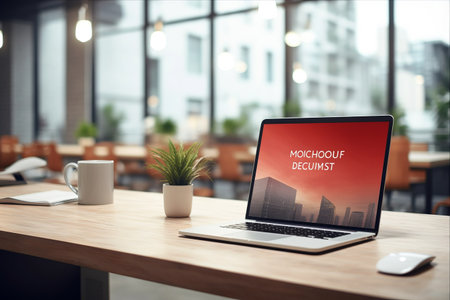 Enhanced Productivity: Showcasing a Laptop Mockup on a Cutting-Edge Modern Office Desk amidst a Blurred Modern Office Environmentの素材