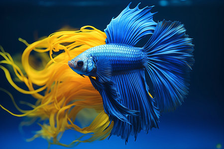 Betta Fish: Half Moon Varieties with a Striking Blue-Yellow Coloration on a Blue Backgroundの素材