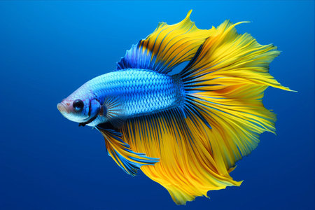 The Stunning Blue-Yellow Hue of Betta Fish Half Moon Against a Mesmerizing Blue Background - AR 3:2の素材