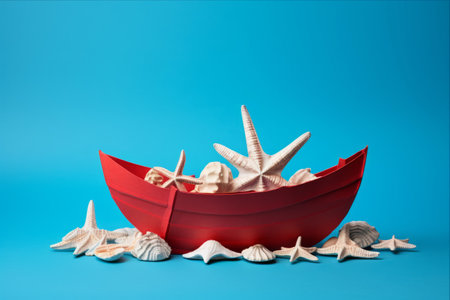 Seashell and Starfish Adorned Red Origami Boat sets Sail on Blue Horizon - AR 3:2の素材