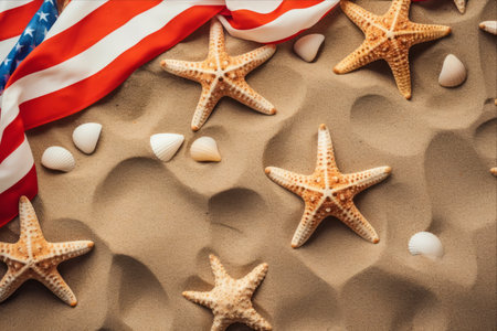 Star-Spangled Shoreline: A Patriotic USA Beachscape Adorned with Starfish Decorationsの素材