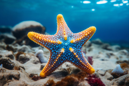 Enchanting Blue and Yellow Honeycomb Starfish Captivating the Sea in Mesmerizing Harmonyの素材