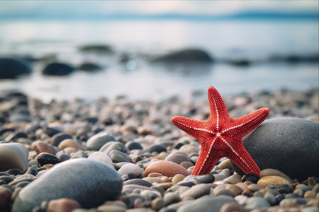 Mesmerizing Encounter: The Vibrant Red Starfish Amidst the Pebble Beach and Serene Seaの素材