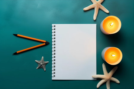 Artistic Composition: Captivating Flat Lay with Notebook, Pencil, Starfish, and Vibrant Candles on Mesmerizing Blue-Green Backdropの素材