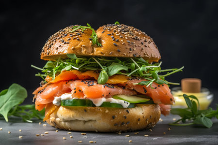 Simply Delightful: Fresh, Healthy Seeded Bagel Sandwiches with Salmon, Egg, Cucumber, and Rocket on a Grey Canvasの素材