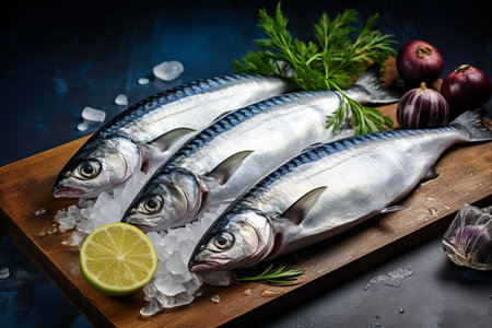 Deliciously Fresh Mackerel Fish: Ready to Cook with Ice and Lemon!の素材