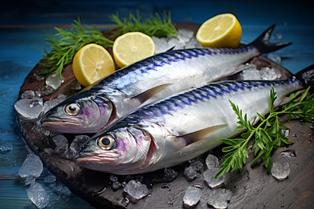 Catch of the Day: Irresistible Fresh Mackerel Fish with Ice and Zesty Lemonの素材