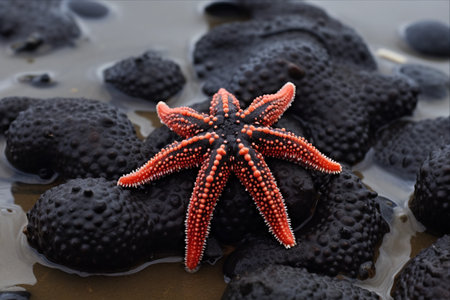 Contrasting Colors: A Red Starfish and a Black Urchin Unite in Nature's Canvas --AR 3:2の素材