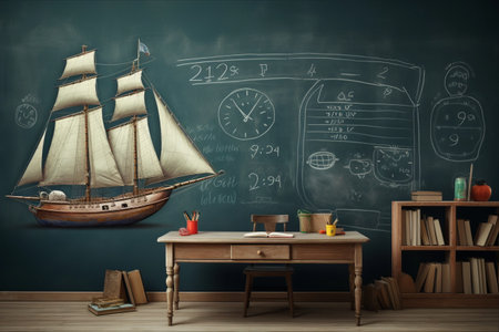 Nautical Dreams: The Wooden Sailing Boat Amidst Chalkboard Illustrationsの素材