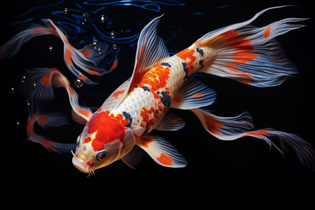 Majestic Beauty: Marvelous Koi Fish Gracefully Swimming on a Mysterious Black Backgroundの素材