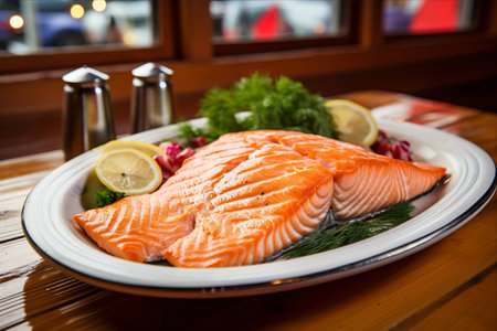 Delicious Fresh Salmon Delight Served in Halibut Cove, Alaska's Finest Restaurantの素材