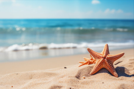 Mesmerizing Starfish Scattered Along Sun-Kissed Sandy Beach on a Radiant Summer Dayの素材