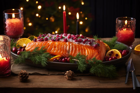 Festive Delight: Salmon Roasting Dish and Advent Wreath Illuminate the Christmas Dinnerの素材