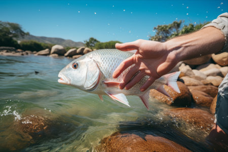 Capturing the Thrill: An Intimate Encounter with a White Steenbras Fish at Garden Route National Parkの素材
