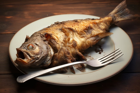 A Tempting Delicacy: Captivating Closeup of Fried Fish on a White Plate, Graciously Serving with Fork and Knifeの素材