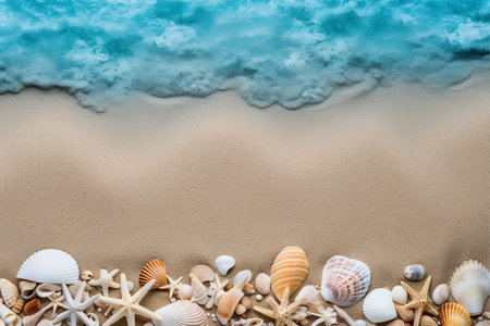 A Serene Summer Beachscape: Exploring Sea Sand, Starfish, and Shells From a Top Viewの素材