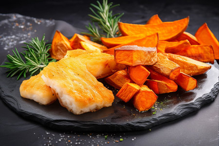 Crispy Cod Loin Delight: A Perfect Pairing with Sweet Potato Friesの素材