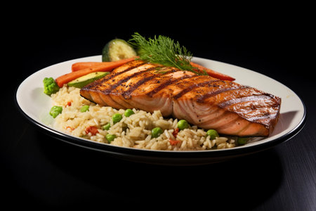 Savory Fusion Delight: Grilled Salmon Fillet Steak atop a Bed of Fragrant Fried Riceの素材