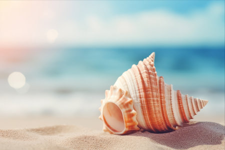Shimmering Symphony: Captivating Sea Shell in Soft Focus amidst Serene Oceanic Backdropの素材