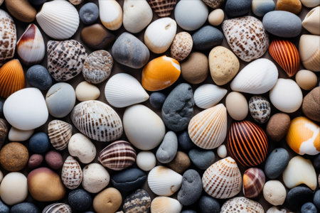 Nature's Mosaic: Serene Sea Shells and Stones as Backgroundの素材