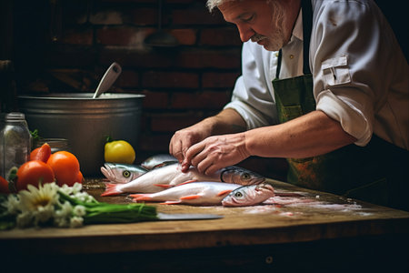 Skillful Crop Cook Expertly Preparing Fish at Tableの素材