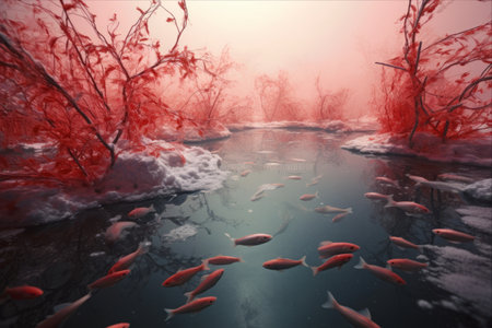 Crimson Wonderland: Exploring the Frozen Pond with Vivid Red Fishes in a 3:2 Aspect Ratioの素材