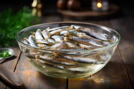 Frozen Sprat Herring Fish Served in a Captivating Glass Bowl on a Wooden Light Backgroundの素材