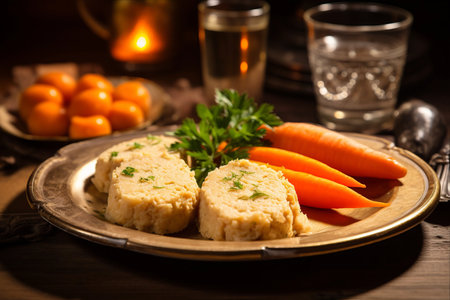 Savoring the Timeless Delicacy: A Divine Platter of Traditional Passover Gefilte Fish garnished with Carrotsの素材