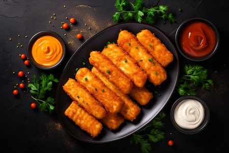 Deliciously Crispy Golden Roast Fish Fingers Served with Lip-Smacking Sauce - Perfect for Your Banner, Menu, or Recipe Place! (Top View) - AR 3:2の素材