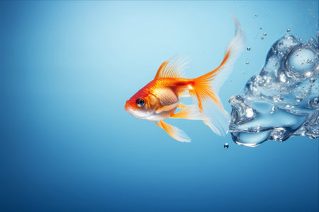 A Breathtaking Leap: Majestic Goldfish Defies Gravity, Surging from Glass Aquarium against Alluring Blue Backgroundの素材