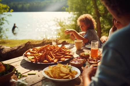 A Scenic Family Picnic: Fish and Chips Delight in the Great Outdoorsの素材