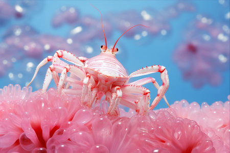 Picturesque Battle: Sea Star Shrimp Defends Pink Coral in Captivating 3:2 Shotの素材