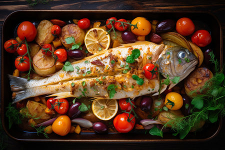 Mediterranean Flavors Unleashed: Greek-Style Roast Fish with Vegetables --ar 3:2の素材