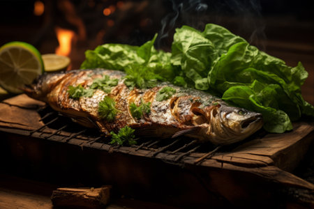 Elevated Delicacy: Grilled Bream Fish with Fresh Green Leaf Medleyの素材
