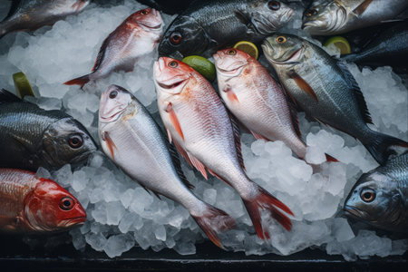 Chilled and Pristine: A Vibrant Display of Fresh Fish on Ice at a Bustling Fish Market - AR 3:2の素材