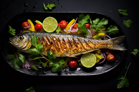 Tantalizing Grilled Mackerel Fish With Zesty Lime: A Delectable Delight on a Captivating Black Canvas [AR 3:2]の素材