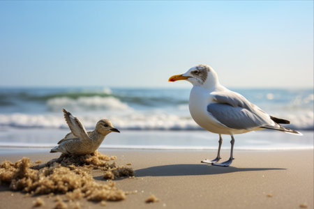 Majestic Moment: Seagull on the Beach Grasping a Starfish in Its Beak!の素材