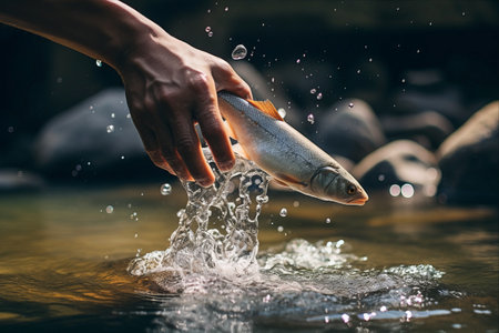 Fly Fisherman Embracing Catch and Releasing Fish into Majestic Riverの素材
